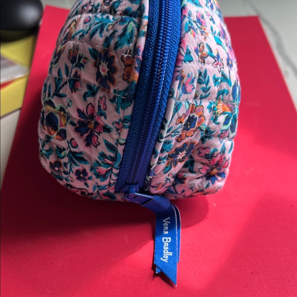 Vera Bradley Quilted Floral Cosmetic Bag - Pink with Blue Trim